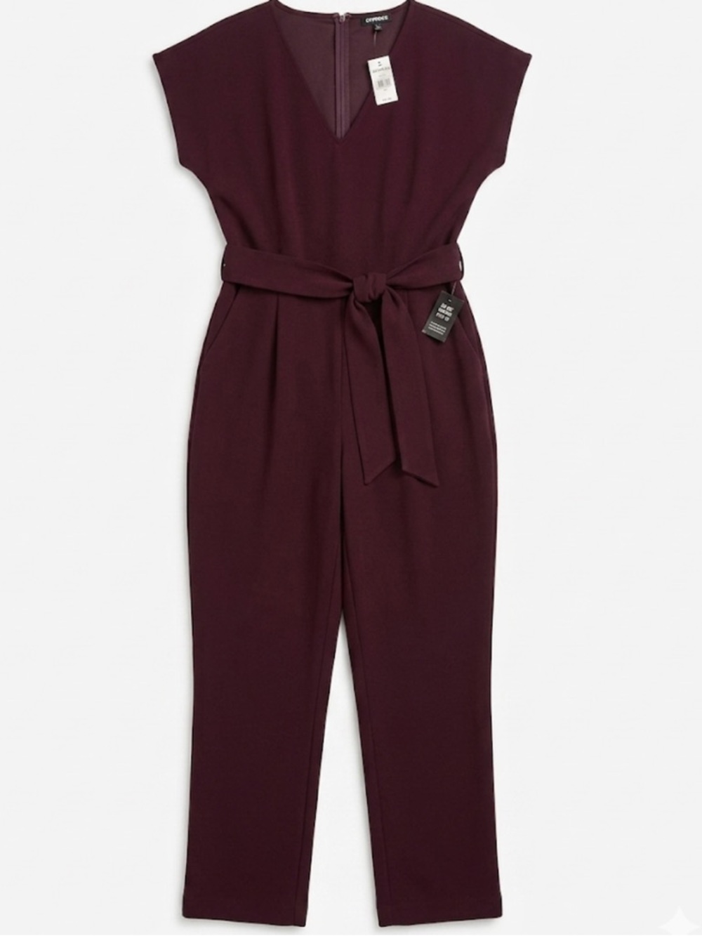 Express Women's Deep Burgundy V-Neck Belted Jumpsuit
